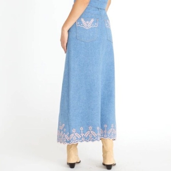 NWT Driftwood Serena Denim Maxi Skirt Sz 32 Blue Pink Eyelet Embroidered Slit - Picture 2 of 14